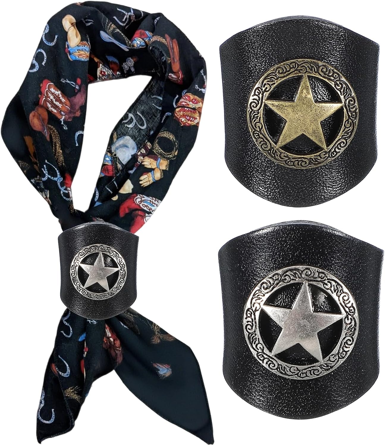 PATIKIL Western Bandana Scarf Ring, Men Square Handmade Leather Star Scarf Slide Ring for Men Scarves Jewelry Gift