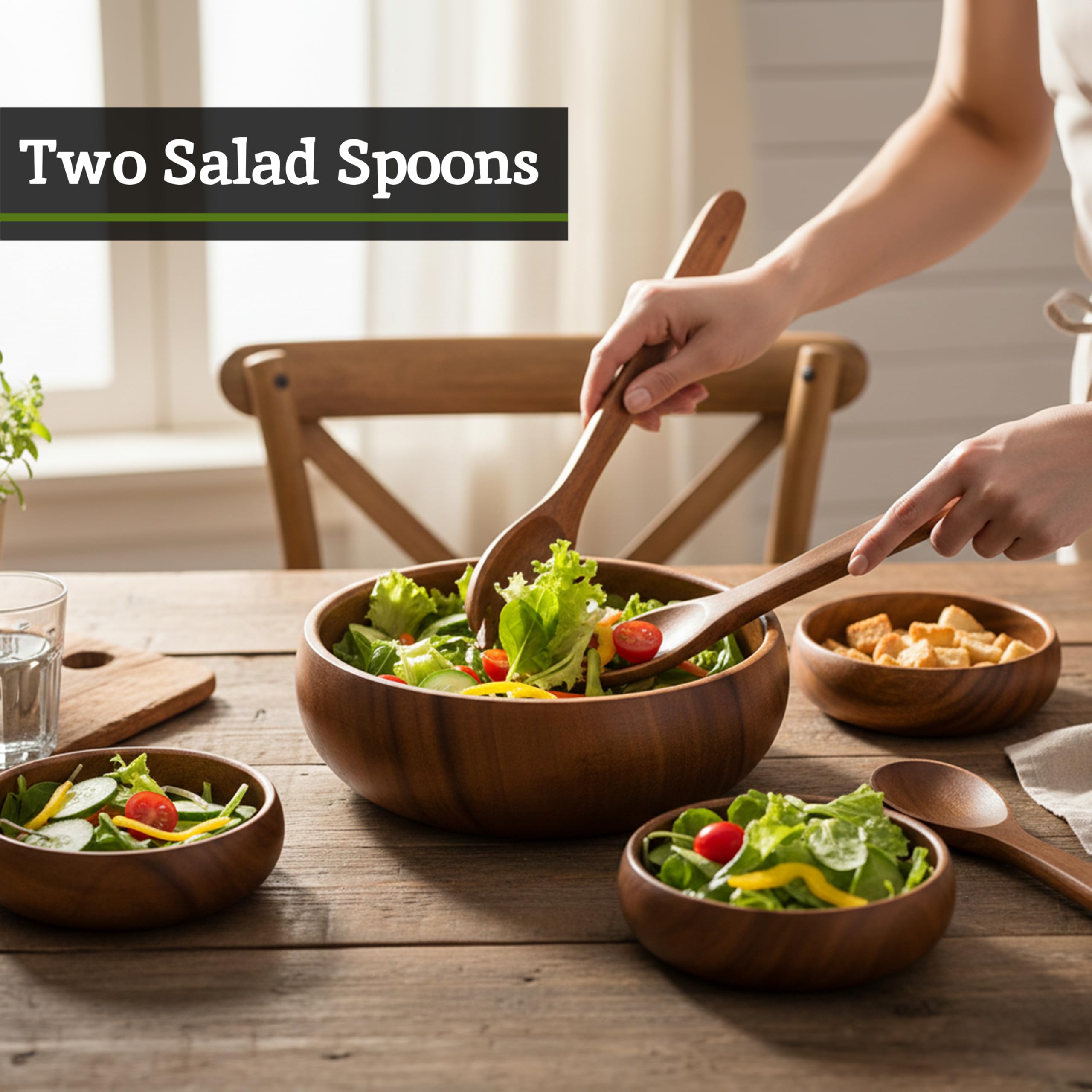 Premier 7pcs Acacia Wood Salad Bowl Set – Large Wooden Serving Bowl with 4 Small Bowls and Salad Servers