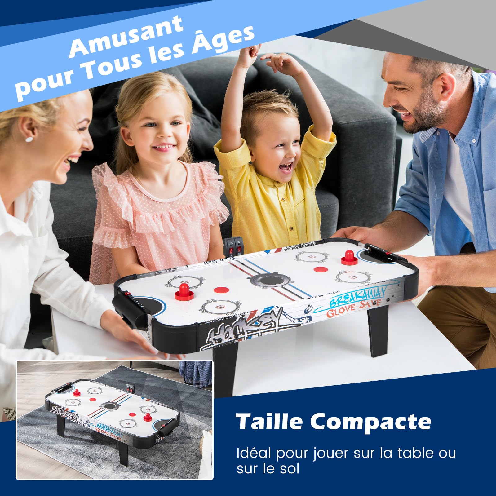 COSTWAY Table de Hockey à Air avec Marqueur Électronique LED & Ventilateur 12V, Table de Jeu Compact avec 2 Palets & 2 Poussoirs, Air Hockey pour Adultes et Enfants