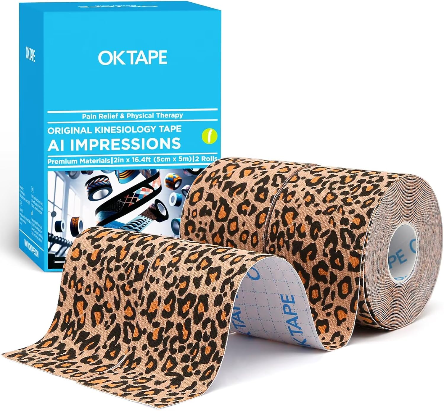 OK TAPE Hypoallergenic Digtal Printed Kinesiology Tape, Elastic Sports Athletic Tape, 2 Rolls, 2in×16.4ft Uncut Roll-Cheetah
