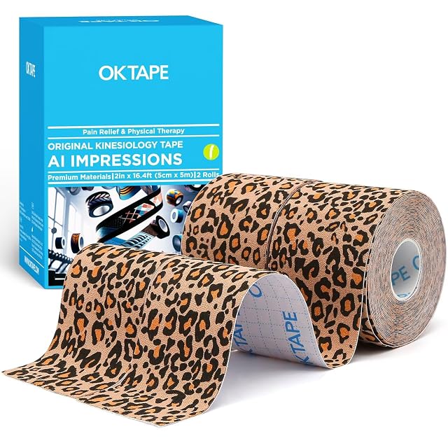 OK TAPE Hypoallergenic Digtal Printed Kinesiology Tape Elastic Sports Athletic Tape 2 Rolls 2in 16 4ft Uncut Roll-Cheetah