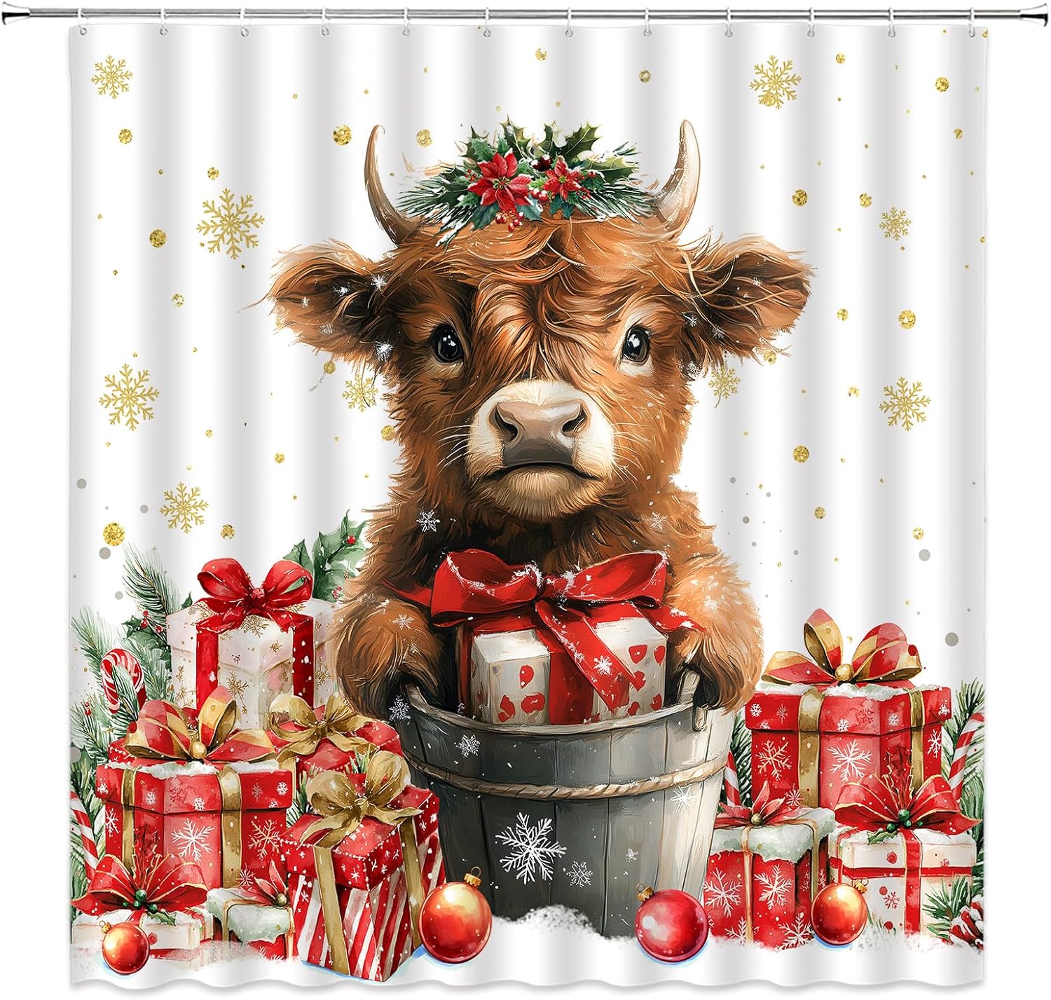 Christmas Highland Cow Shower Curtain Country Rustic Xmas Winter Snowflake Snow Holiday Polyester Fabric Bathroom Decor Set with Hooks(70" Wx84 H)