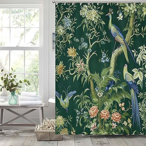 Miniatura 4 de Cortinas de ducha de baño con ganchos, 72 x 92 pulgadas, cortina de ducha de tela impermeable con diseño de flores y pájaros, cortina de ducha para
