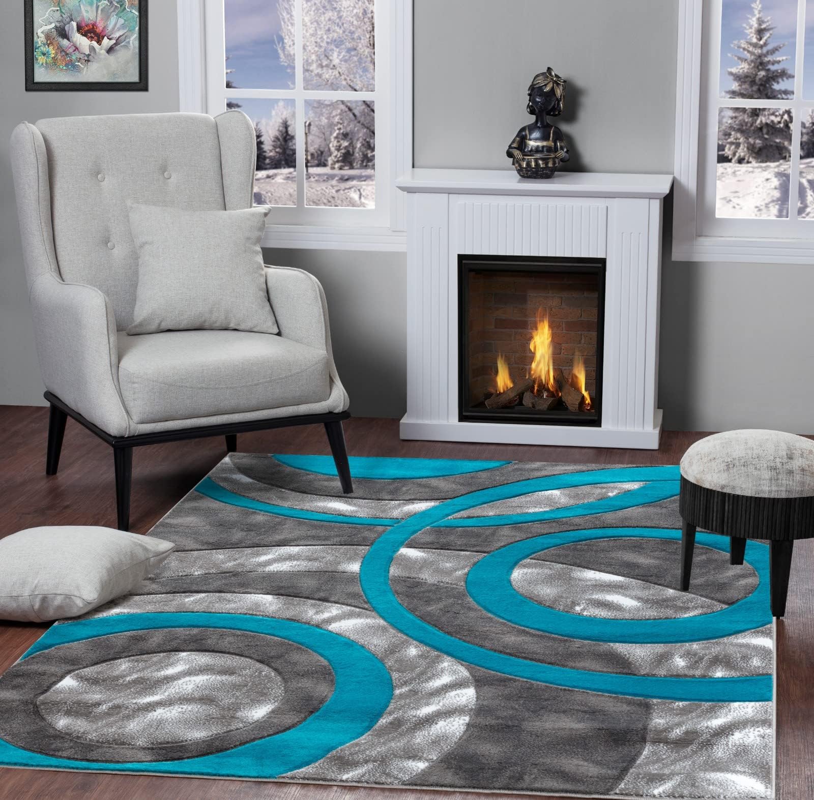 GLORY RUGS Area Rug Modern 4x6 Turquoise Circles Geometry Soft Hand Carved Contemporary Floor Carpet Fluffy Texture for Indoor Living Dining Room and Bedroom Area
