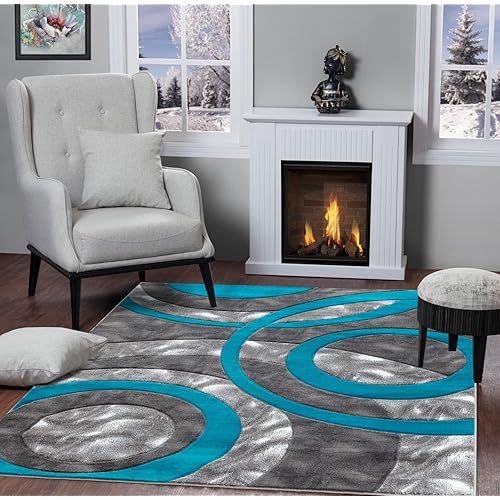 GLORY RUGS Area Rug Modern 8x10 Turquoise Circles Geometry Soft Hand Carved Contemporary Floor Carpet Fluffy Texture for Indoor Living Dining Room and Bedroom Area