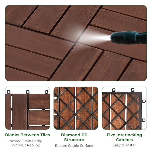 Miniatura 5 de Azulejos entrelazados de 12 x 12 x 0.94 pulgadas FSC de madera dura de acacia marrón oscuro para decoración de patio, azulejos para exteriores e