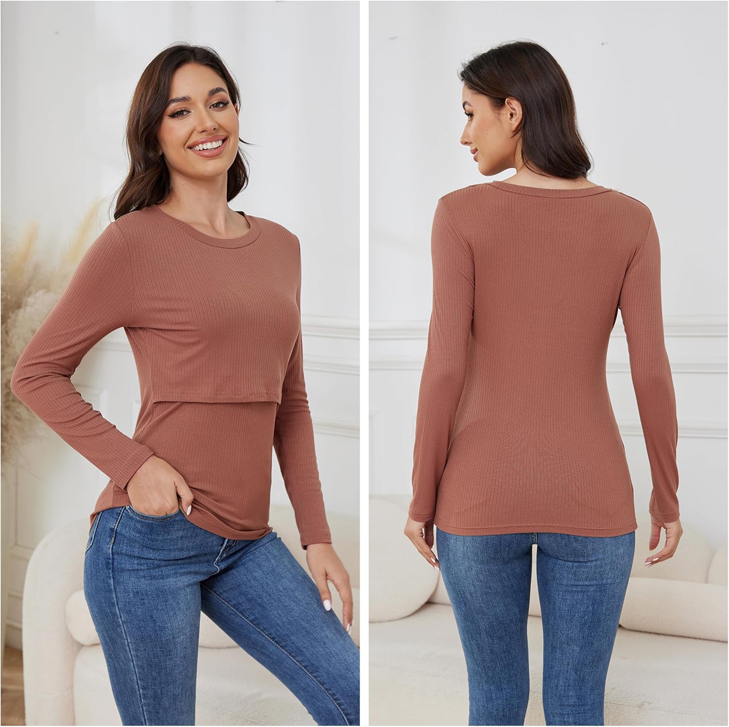 Liu & Qu Women's Nursing Tops Ribbed Long Sleeves Maternity Shirts Double Layer Breastfeeding Shirts Pregnancy Clothes 3 Pack