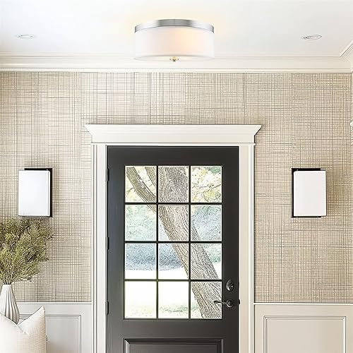 Miniatura 6 de Kira Home Walker 51 cm Gran lámpara de techo de montaje empotrado de 3 luces de estilo moderno de mediados de siglo, pantalla de tela blanca +