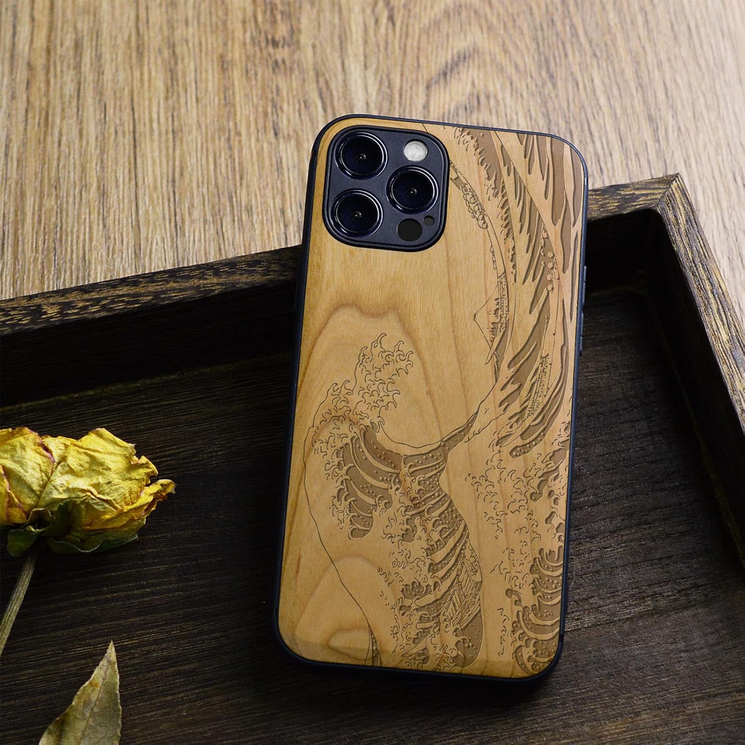 Carveit Magnetic Wood Case for iPhone 12 Pro Max [Natural Wood & Soft TPU] Shockproof Protective Unique & Classy Wooden Cover Compatible with MagSafe (The Great Wave Off Kanagawa-Cherry)