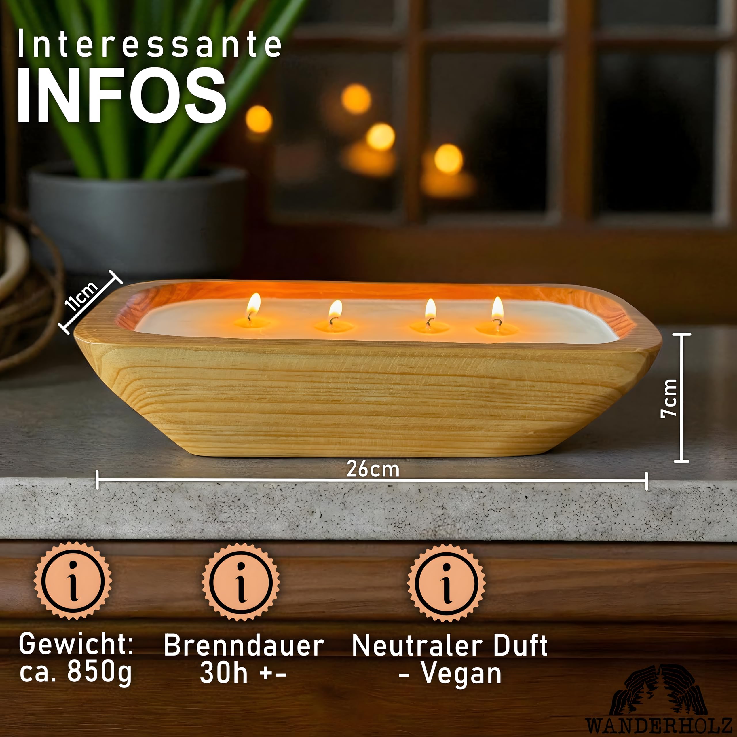 Bougie en cire de soja dans un bol en bois de cèdre - Bougie à plusieurs mèches durable avec cire de soja - Bougie à quatre mèches - Bougie de soja - Grande bougie cadeau - Grande