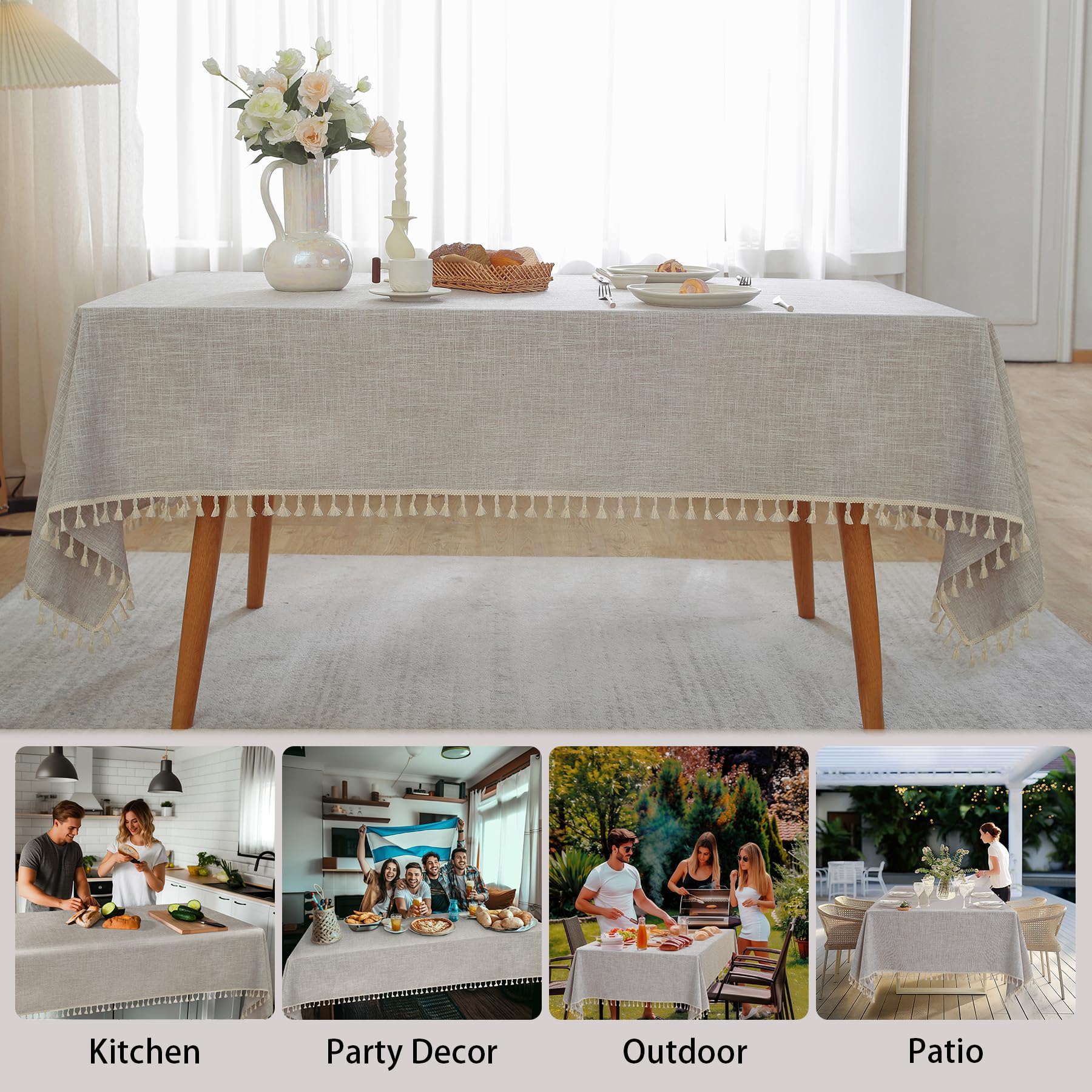 Alsoo Table Cloth Rectangle Table Linen Look Texture Cotton Tablecloth Waterproof Wrinkle Free Heavy Duty Tables Cover with Tassel for Kitchen Dining Holiday Party, Light Brown, 55