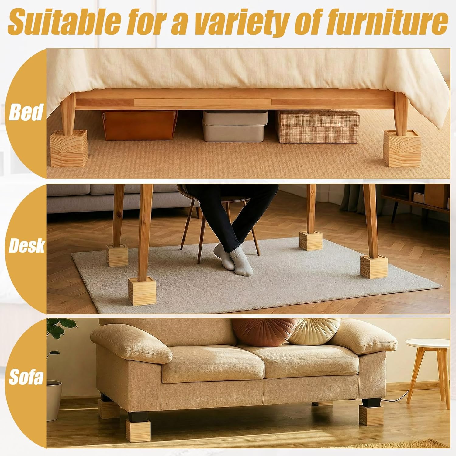 4 Inch Solid Wood Bed Furniture Risers Set of 4, Natural Color Square Heavy Duty Couch Lifters Brown Wooden Furniture Risers Blocks for Bed Frame, Sofa, Chair, Table, Cabinet, and More