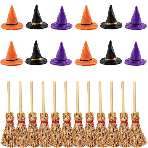 GXXMEI 24PCS/set Mini Witch Hat with Mini Broom Miniature Straw