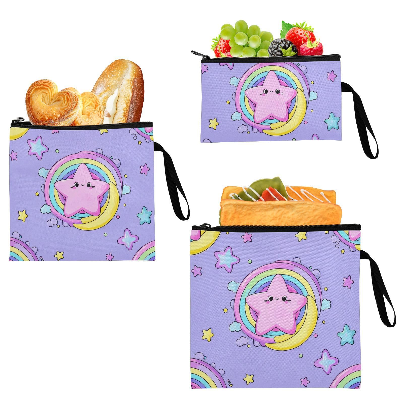 Yoogain Cute Cartoon Star Purple Peach 3 Pcs Reusable Sandwich Snack Bag Portable Food Storage for Work Office Travel Picnic