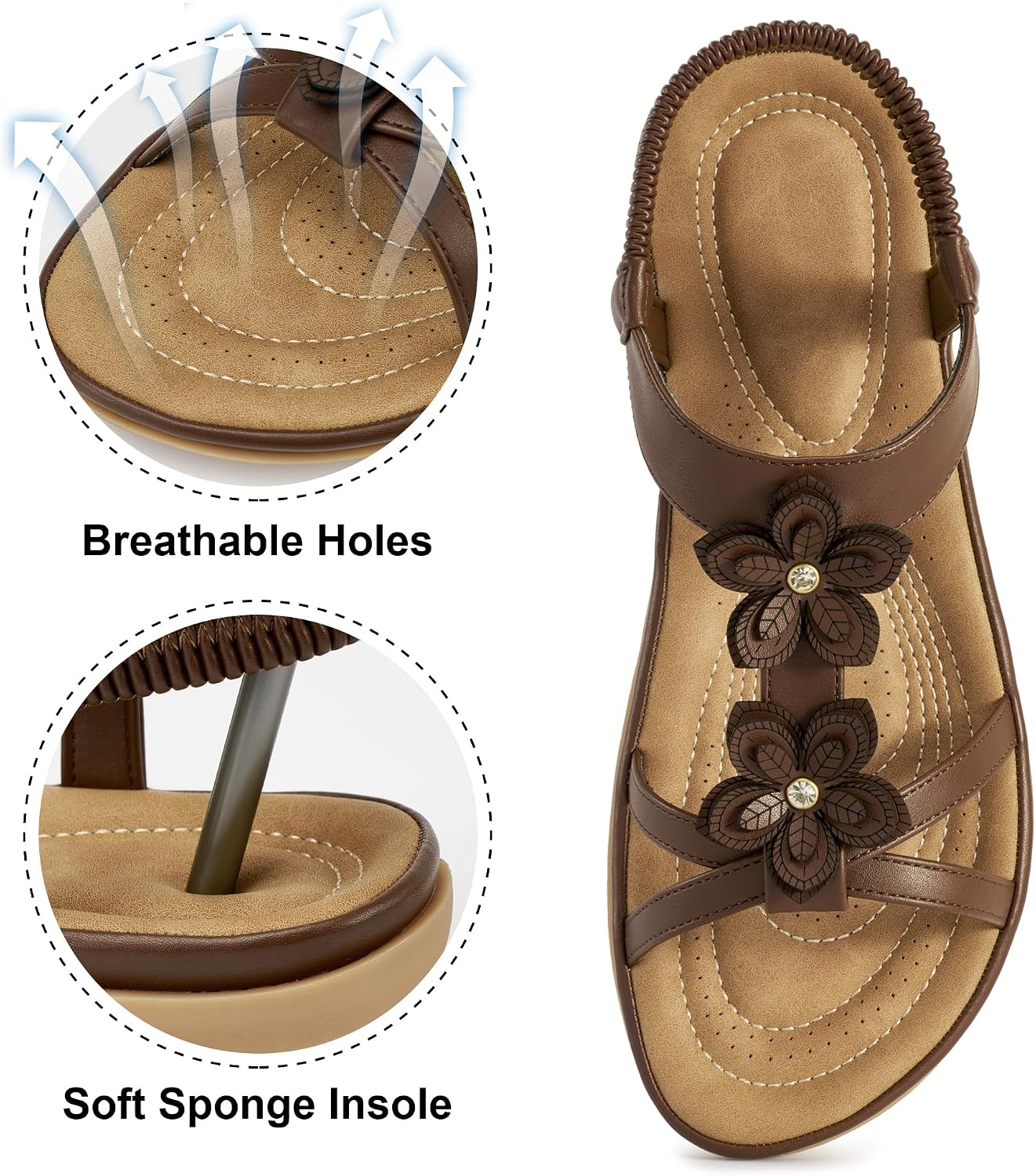 Ecetana Women's Flat Sandals Dressy Comfortable Ankle Strap Floral | Breathable Cushioned Footbed & Lightweight Non Slip Outsole for All-Day Comfort - Summer Shoes for Casual Walking Vacation