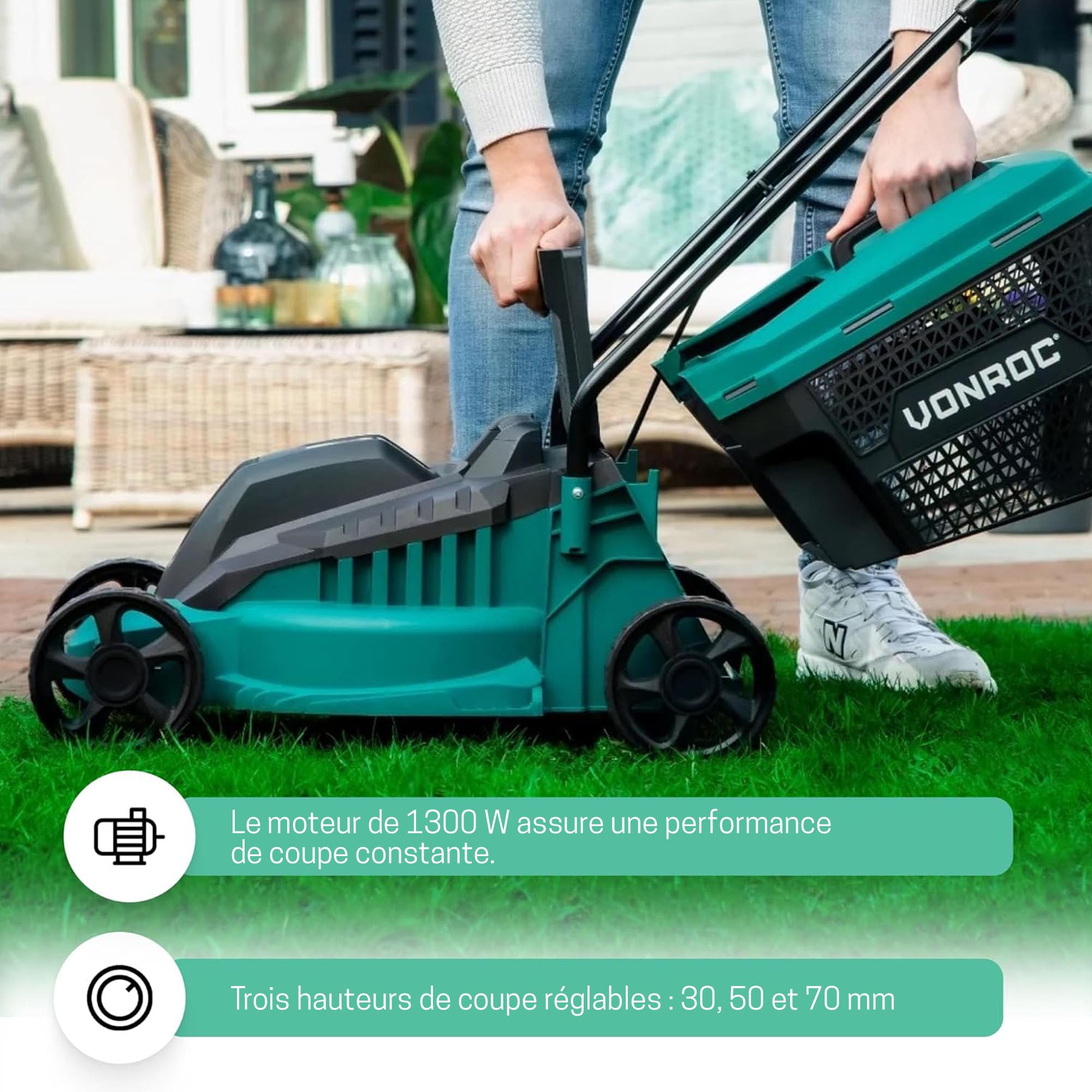 VONROC Tondeuse Gazon 1300W - Largeur de Coupe 32cm - Bac Ramassage Tondeuse 30L Inclus - Entretien du Jardin, de la Pelouse - Interrupteur de Sécurité, Facile à Transporter - Serre-Câble Fournis