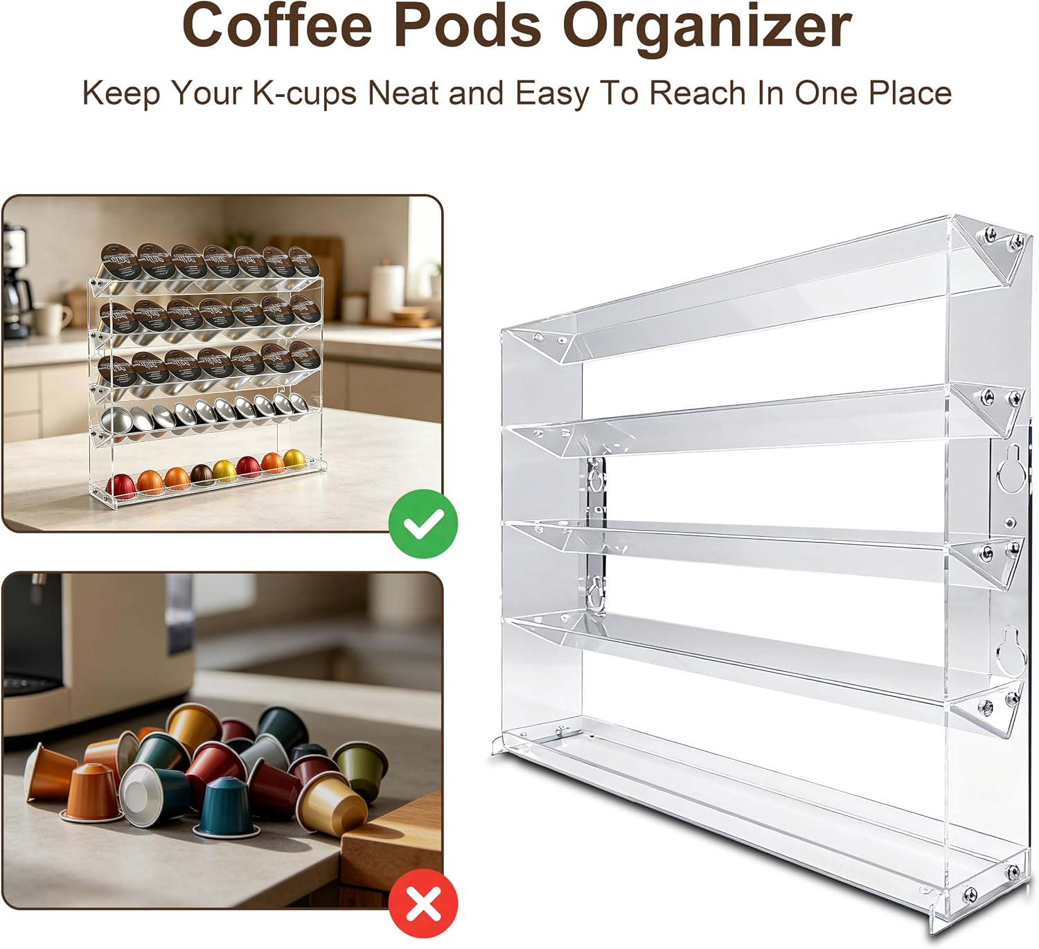 Coffee Pod Holder, Wall Mounted 5-Tier Acrylic Capsule Storage Rack for K Cups, Large Capacity Coffee Station Organizer, Countertop Display for Kitchen, Coffee Bar and Office