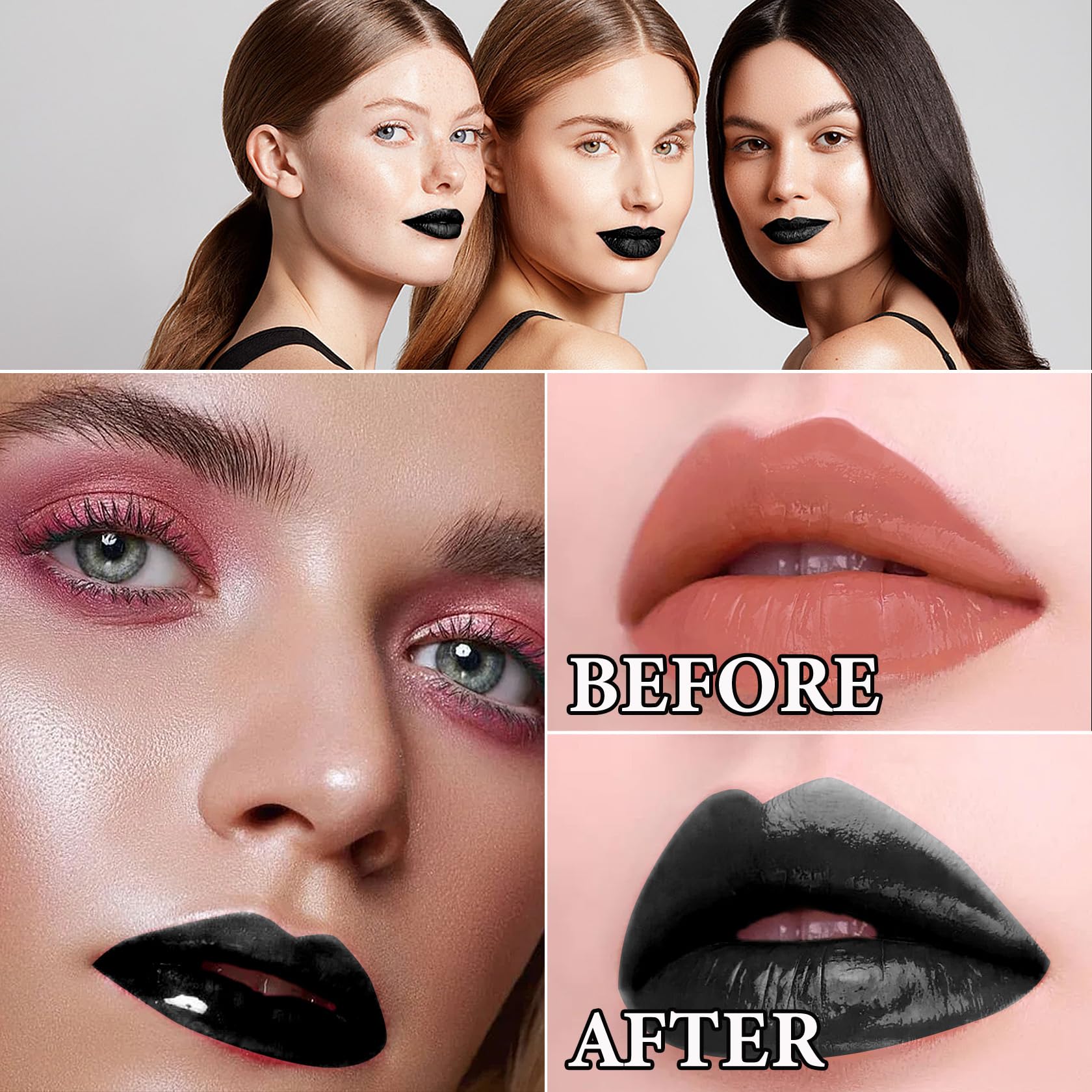 Set mit 3 flüssigen Lippenstiften und Eyelinern, schwarz, matt, hochpigmentiert, schwarzer Lipgloss, seidig, wasserfest, lang