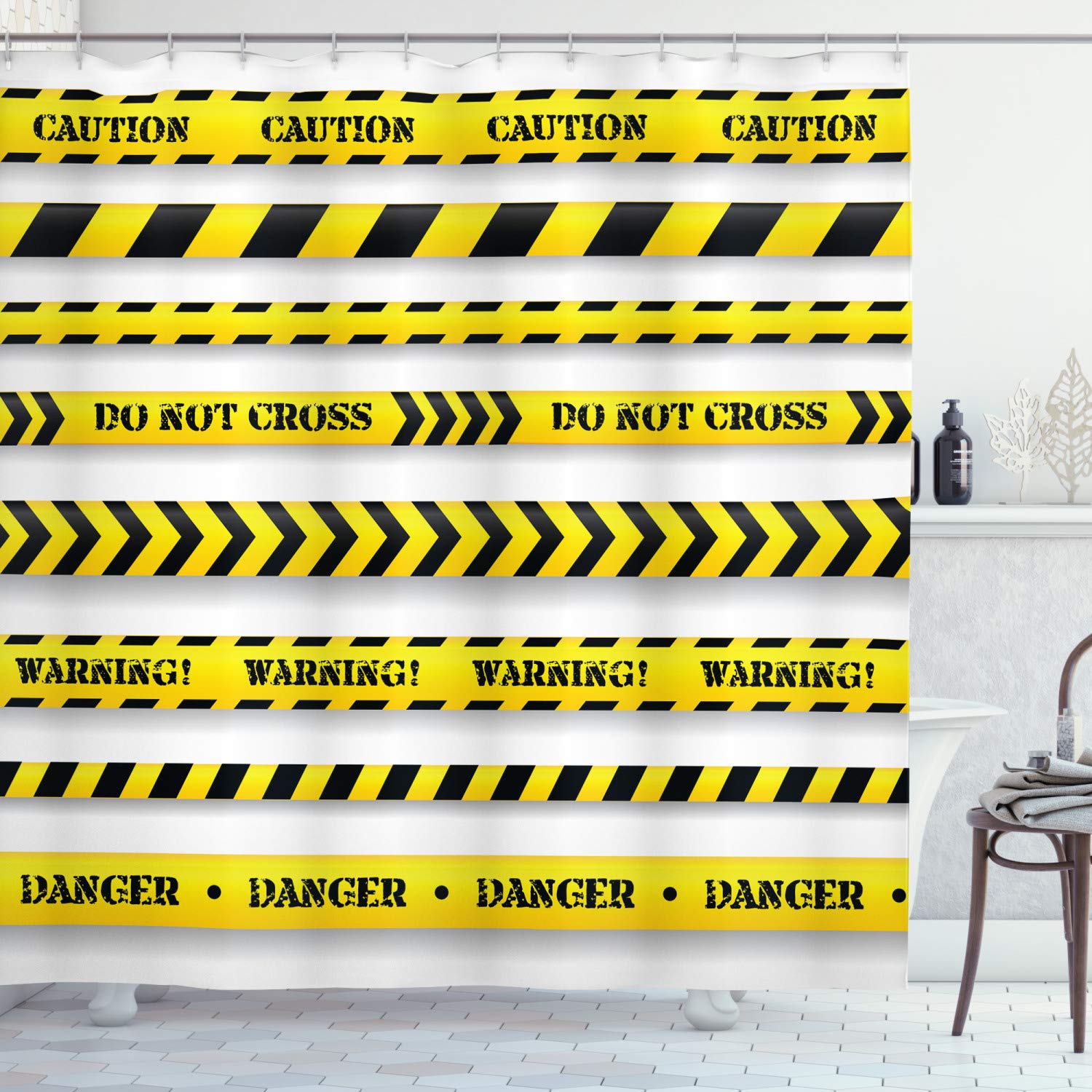 ABAKUHAUS Yellow Shower Curtain, Cautionary Tapes Arrangement Danger Warning Expressing Banners Security Theme, Cloth Fabric Bathroom Decor Set with Hooks, 94 Inches, Black Yellow — image 1