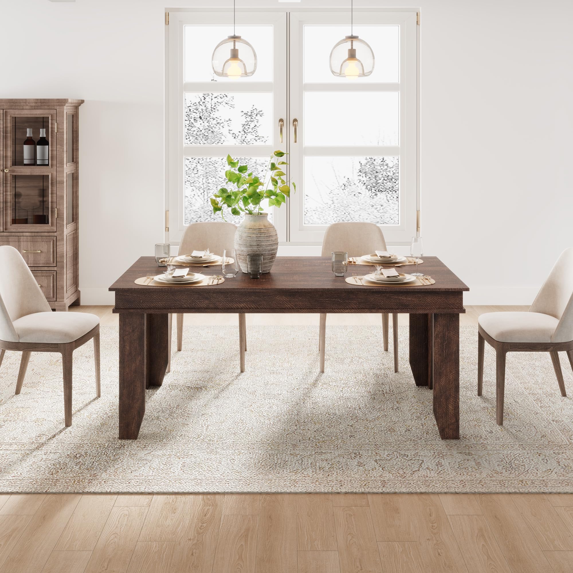 GarveeHome Farmhouse Dining Table for 4-6 People, 63" Long Kitchen Tables