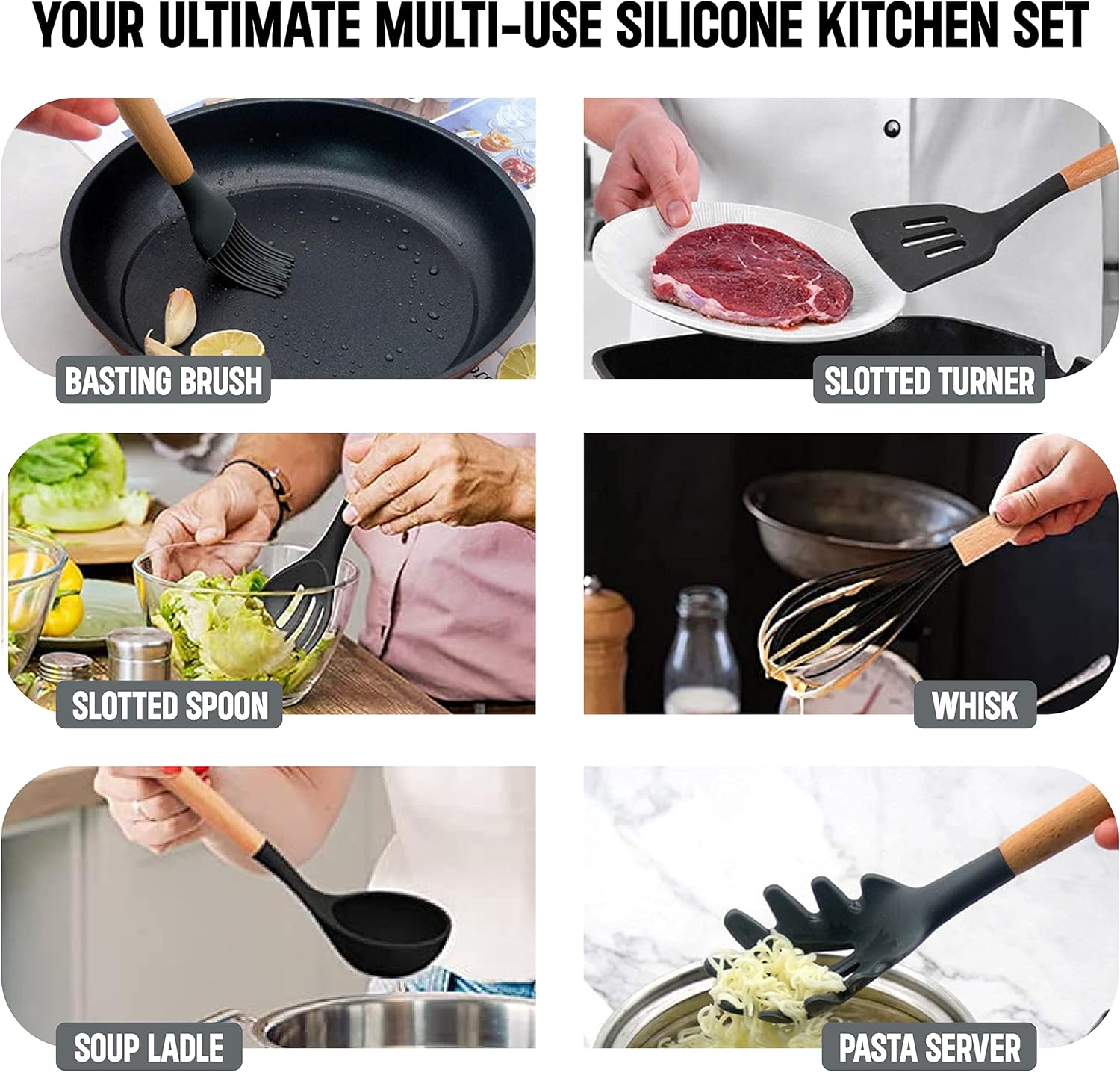 12 Pcs Non-stick Silicone Kitchen Utensil Set – Wooden Spoons For Cooking - 446°F Heat Resistant Turner Tongs, Spatula, Spoon, Brush,