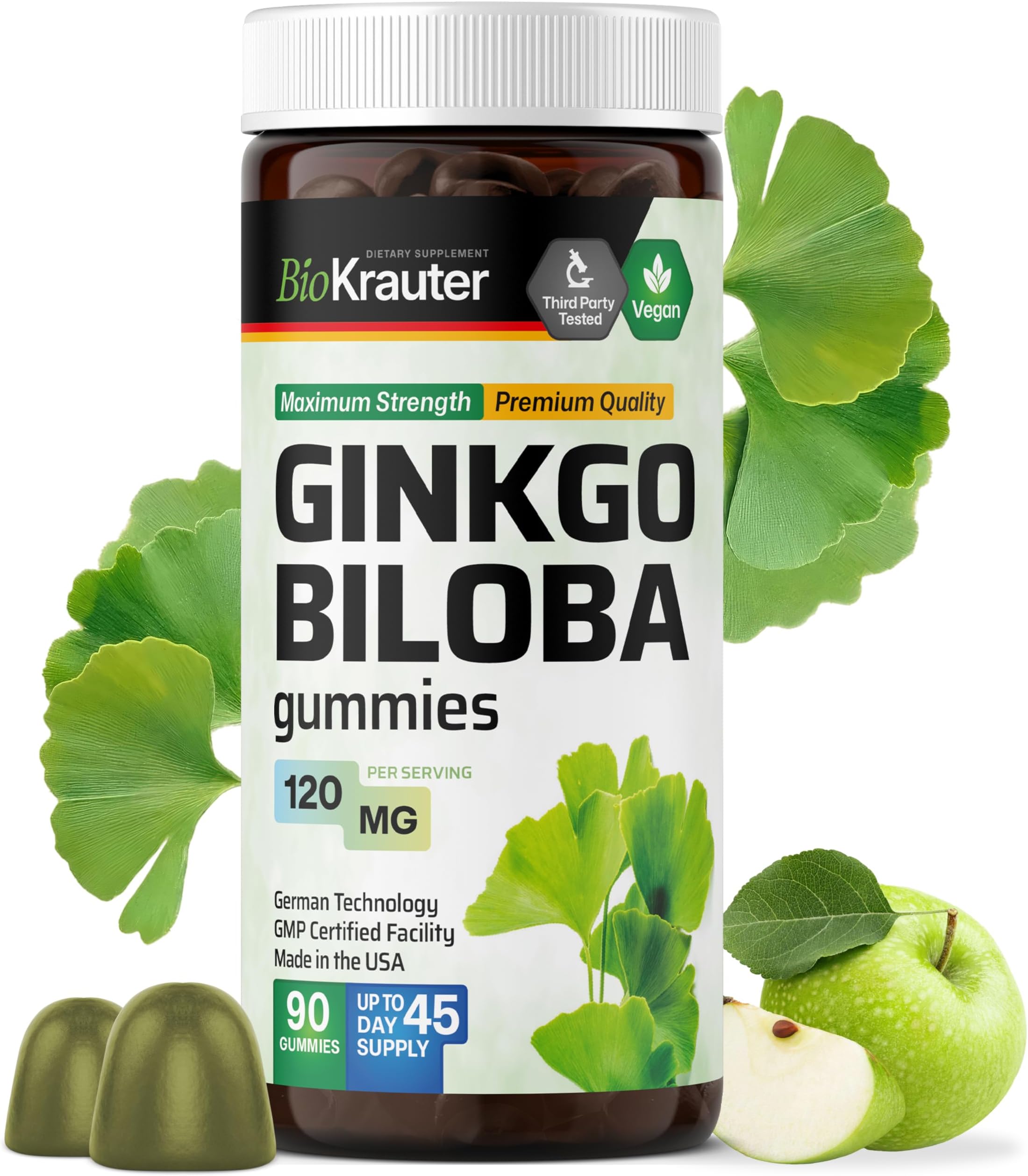 BIO KRAUTER® Ginkgo Biloba for Brain Support - Vegan Ginkgo Biloba Supplement for Calm, Focus & Memory - 90 Ginkgo Biloba Gummies for Brain Health, 45-Day Supply - Non-GMO, Apple Flavor