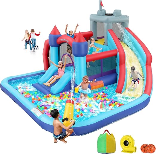Inflatable Water Slide Park, 10-in-1 Bounce House Waterslide Combo Backyard Waterpark with Double Slides, Water Sprayer, Splash Pool, Climbing Wall for Kids Outdoor Party Fun Summer