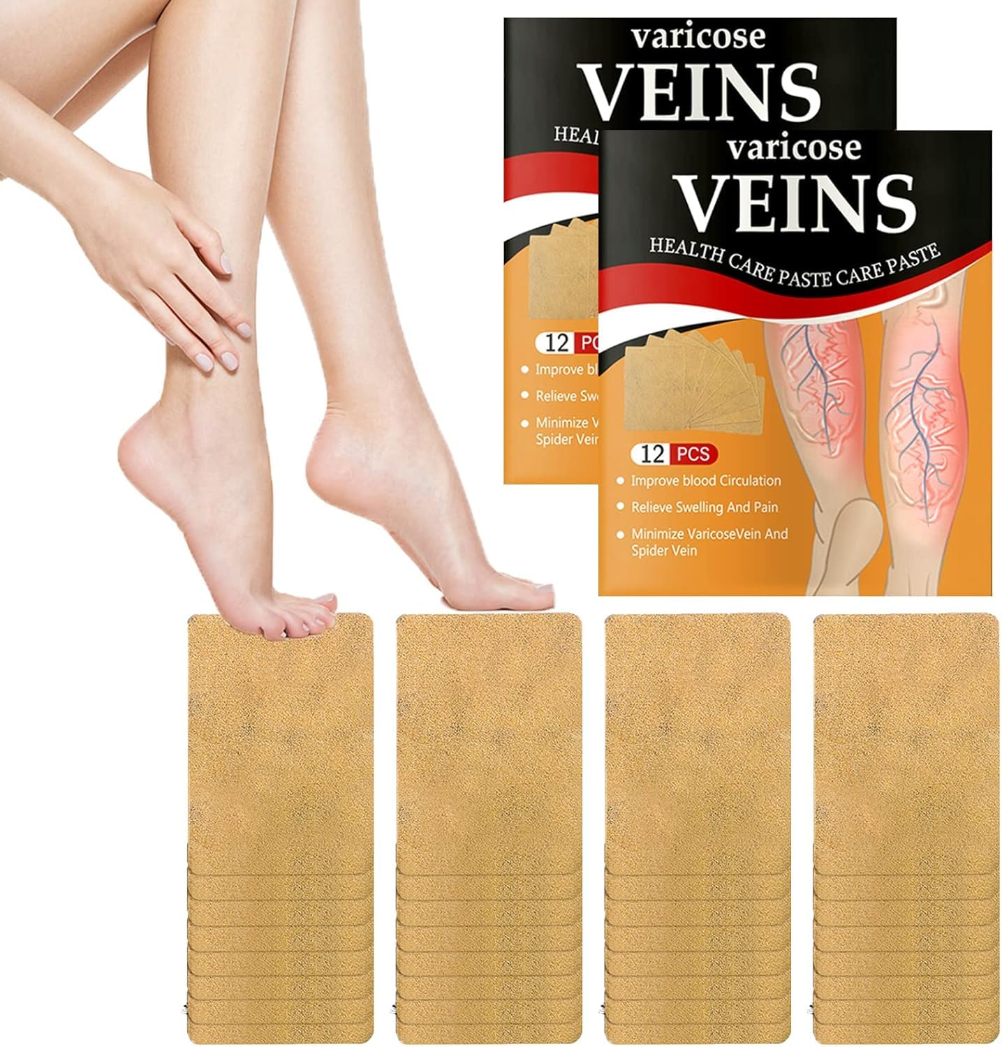 Reetik fashion hub 12pcs, natural herbal varicose vein health patch, non-types of varicose veins reduce inflammation, muscle pain causes pain in relieving pain, which improves blood circulation.