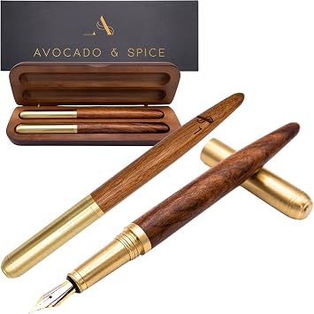 Fountain Pen and Roller Ball Pen Set by Avocado and Spice Gift Set 2 pcs Brass/Sandalwood Premium Writing Pens Stationary Sets - Fountain Pens for Writing Pens for Women and Men Handwriting Pens