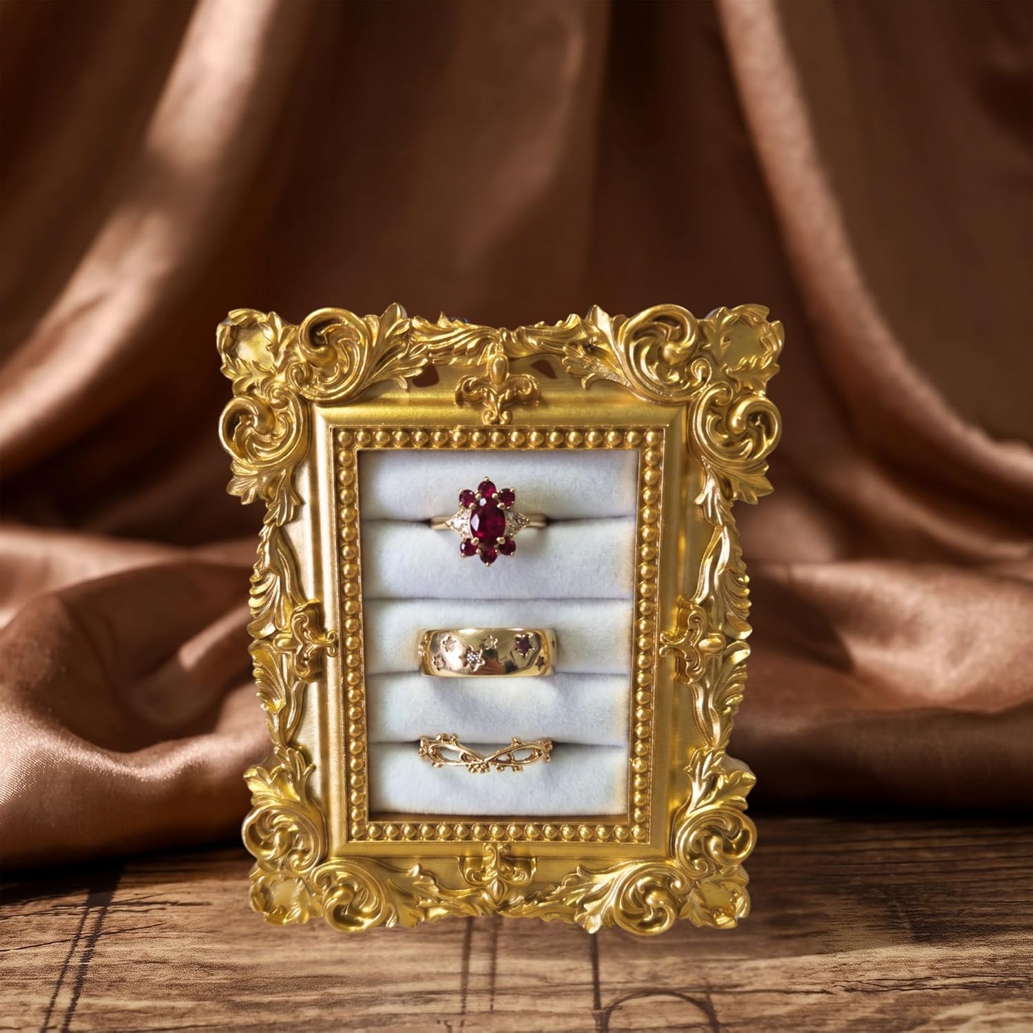 Gold Rectangle Vintage Ring Holder Wedding Jewelry Display Stand