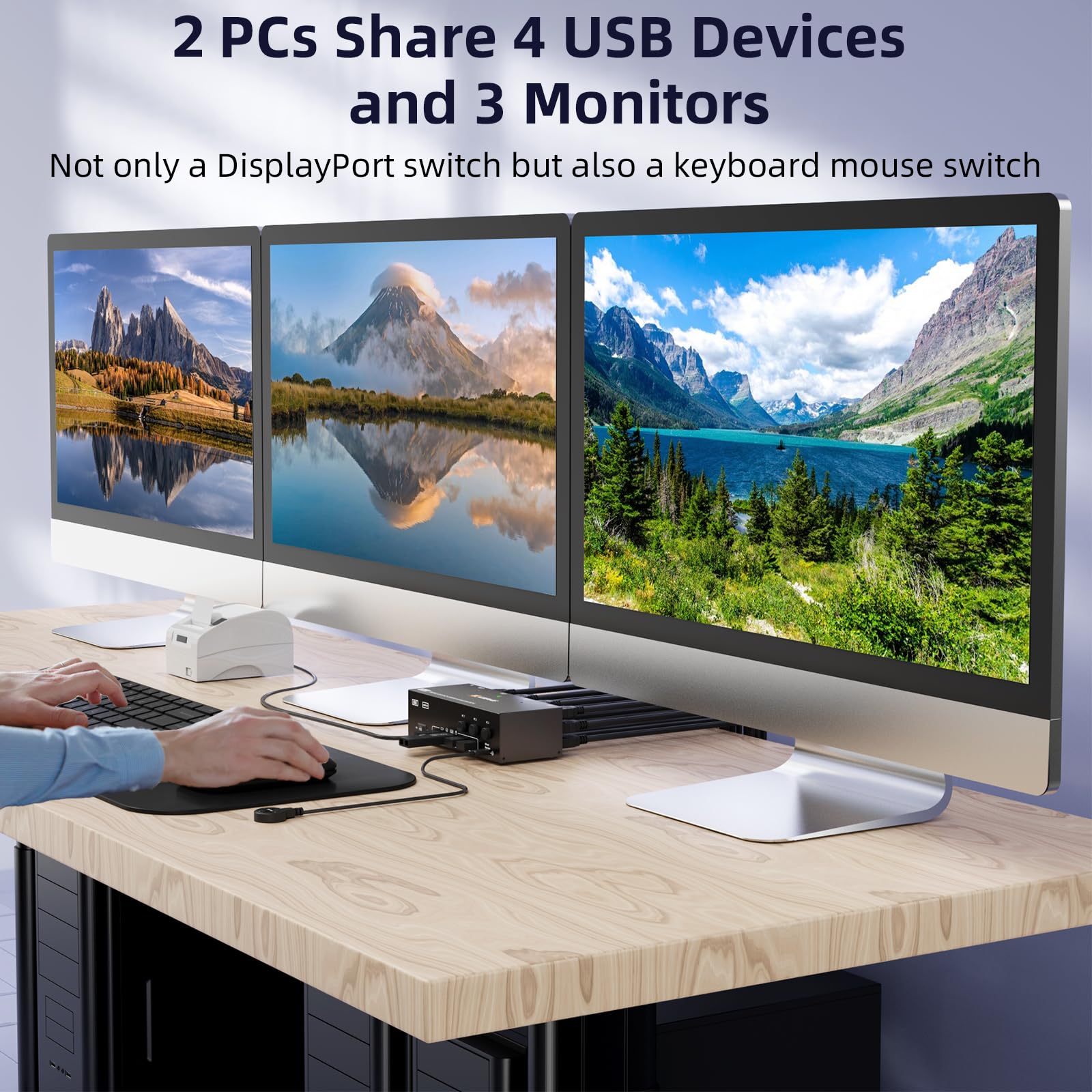 Przełącznik KVM, 2 szt., 3 monitory, 8K przy 60 Hz, 4K przy 144 Hz, ESKEVE HDMI+2 Displayport KVM Switch do 2 monitorów komputerowych, Share 3 i 4 urządzeń USB3.0, z zasilaczem DC 12 V + przewodowym