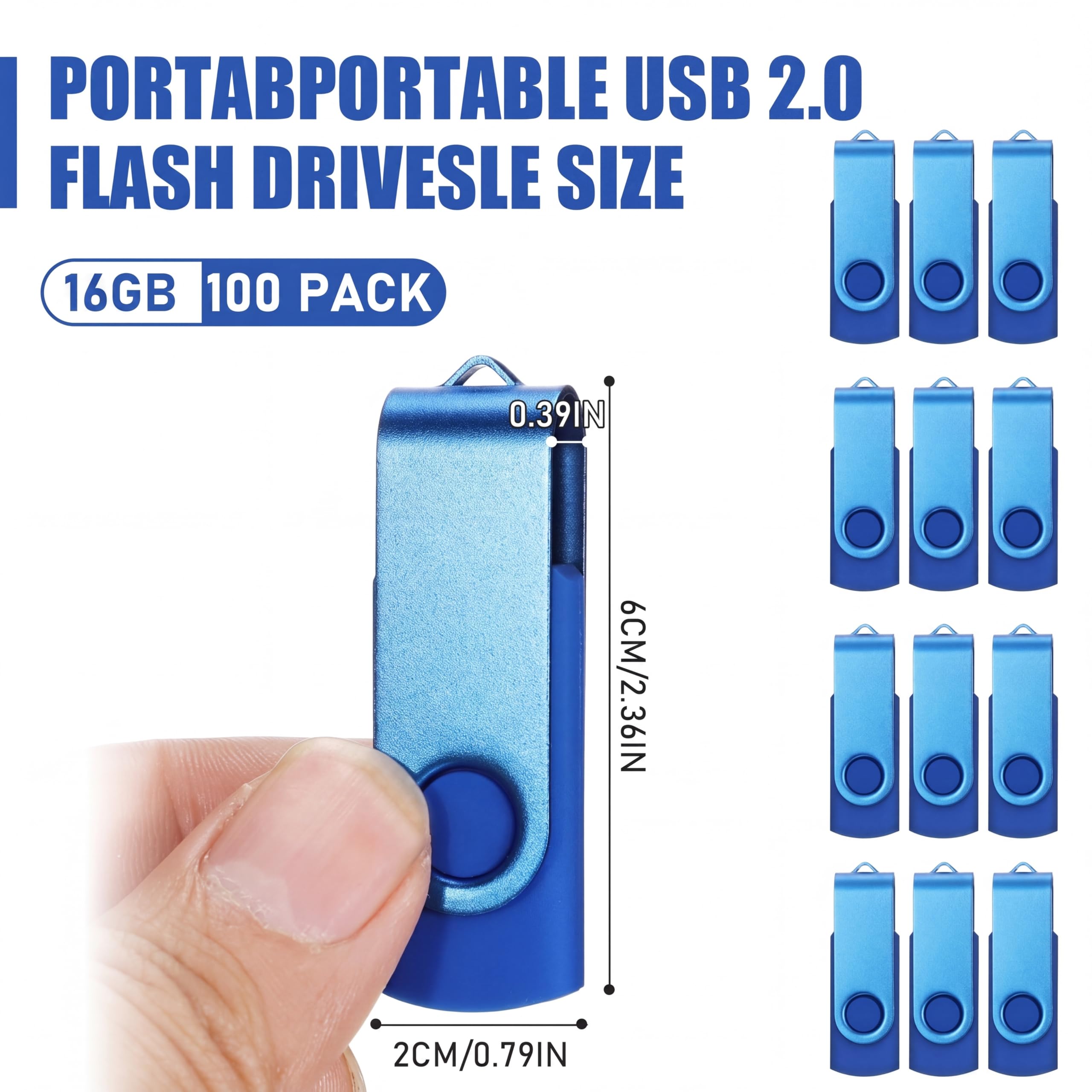 Kanayu Confezione da 100 chiavette USB da 16 GB, 2.0, con luce LED, portatile, per archiviazione dati, PC, computer, laptop, ufficio, scuola (blu)