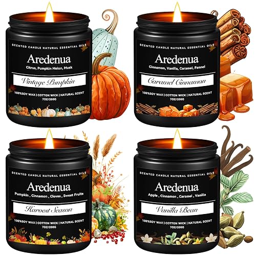 Fall Candles Set, 4 Pack, Soy Candles for Home Scented | 28 oz Autumn Candle Scent of Cinnamon, Vanilla, Harvest, Pumpkin, Seasonal Gift for Fall Home Décor, 200 Hour Burn Time - Black - Black Fall2