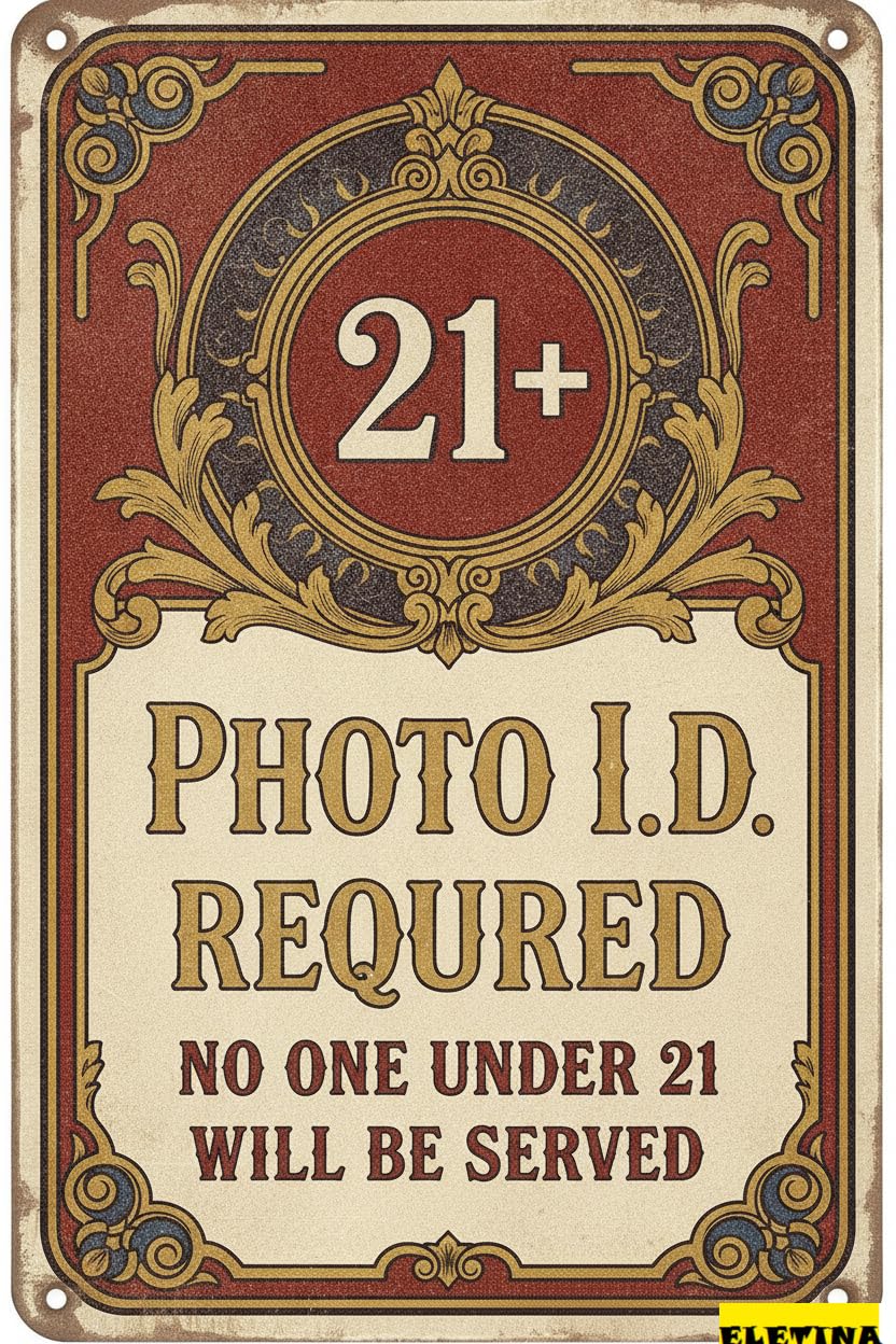 21+ Photo ID Required Age Verification Tin Sign, 8x12