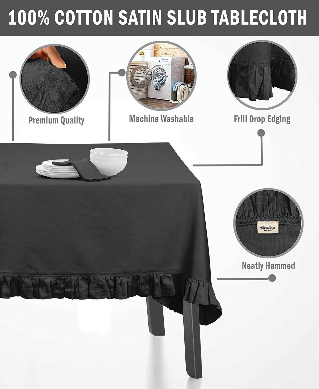 Ruffle Tablecloth Rectangular Tabletop Covers Kitchen Dining Table Cloth Party Decoration Cotton Table Cover,Gray,54 x 72 Inches