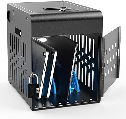 8 Tablet Charging Station Lock Box - Fits 14" Screen, Steel Case & Lockable Door,2 Keys Included - for Chromebook,ipads,Laptop and Tablets - Ideal for Offices, Classrooms and Hospitals(Black)