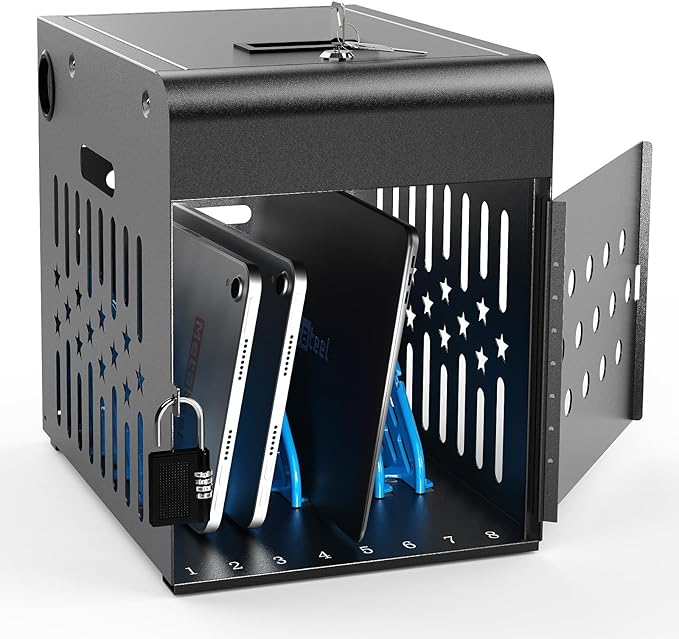 8 Tablet Charging Station Lock Box - Fits 14" Screen, Steel Case & Lockable Door,2 Keys Included - for Chromebook,ipads,Laptop and Tablets - Ideal for Offices, Classrooms and Hospitals(Black)