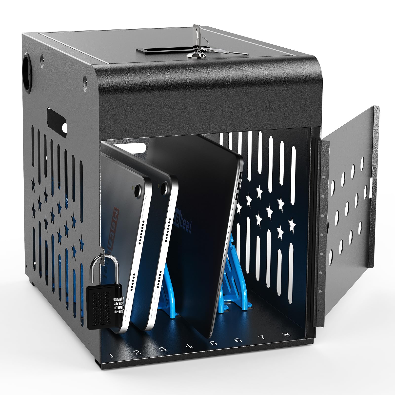 Metateel 8 Tablet Charging Station Lock Box - Fits 14" Screen, Steel Case & Lockable Door,2 Keys Included - for Chromebook,ipads,Laptop and Tablets -