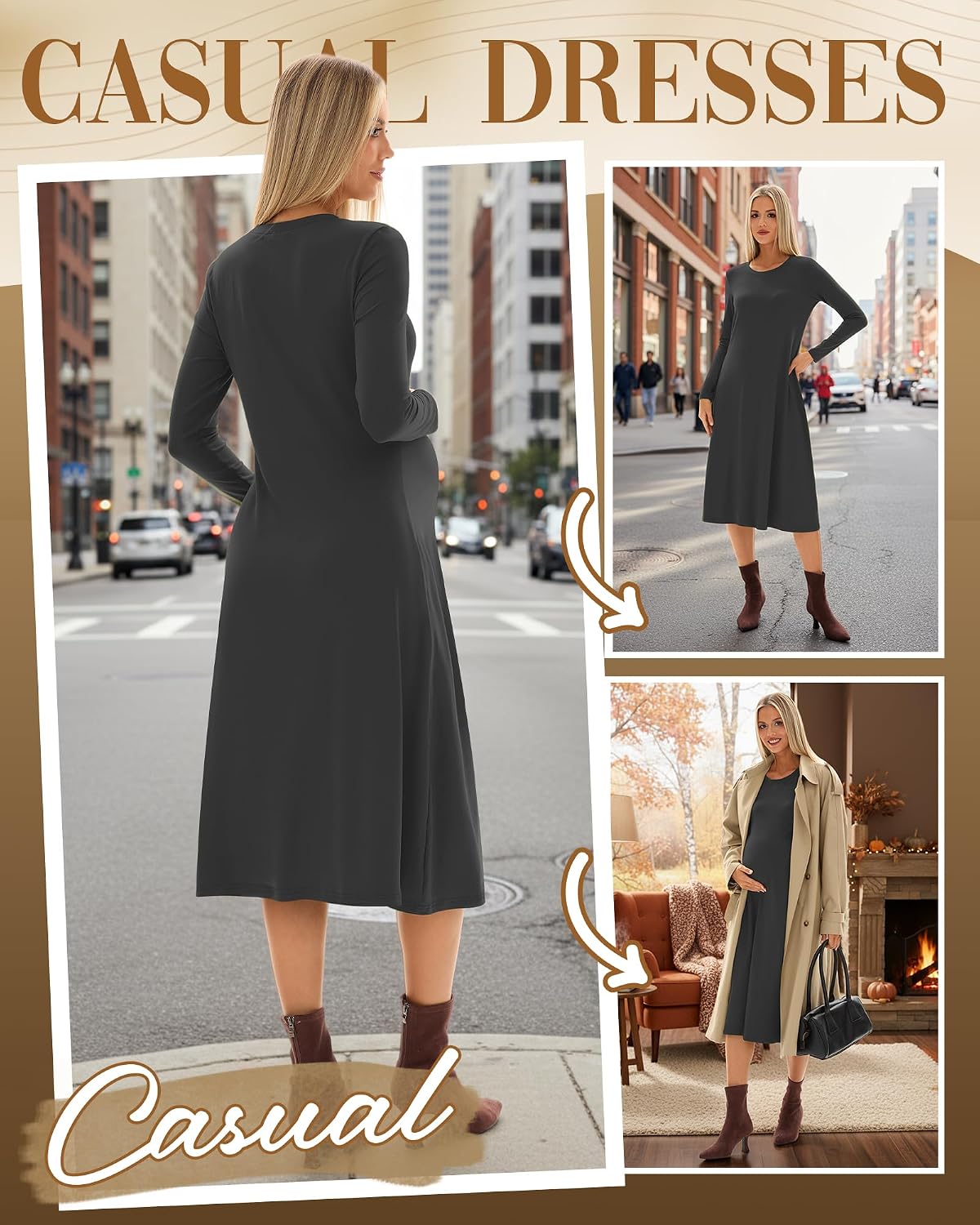 Women's Long Sleeve Maternity Dress Crew Neck Fall Pregnancy Casual Clothes Dresses with Pleated Loose Hem