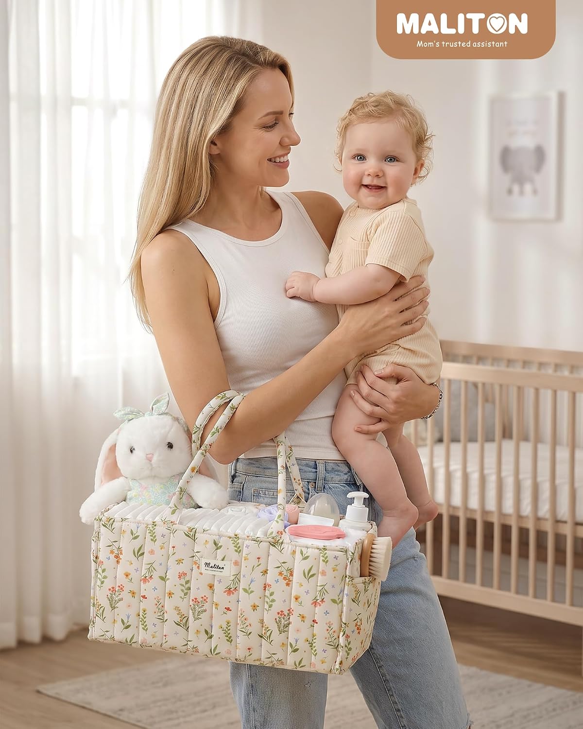Maliton Floral Diaper Caddy Organizer, Stylish Nursery Storage Basket and Car Organizer for Diapers and Baby Wipes, Gift for Baby Shower, Newborn Essentials, Spring Floral