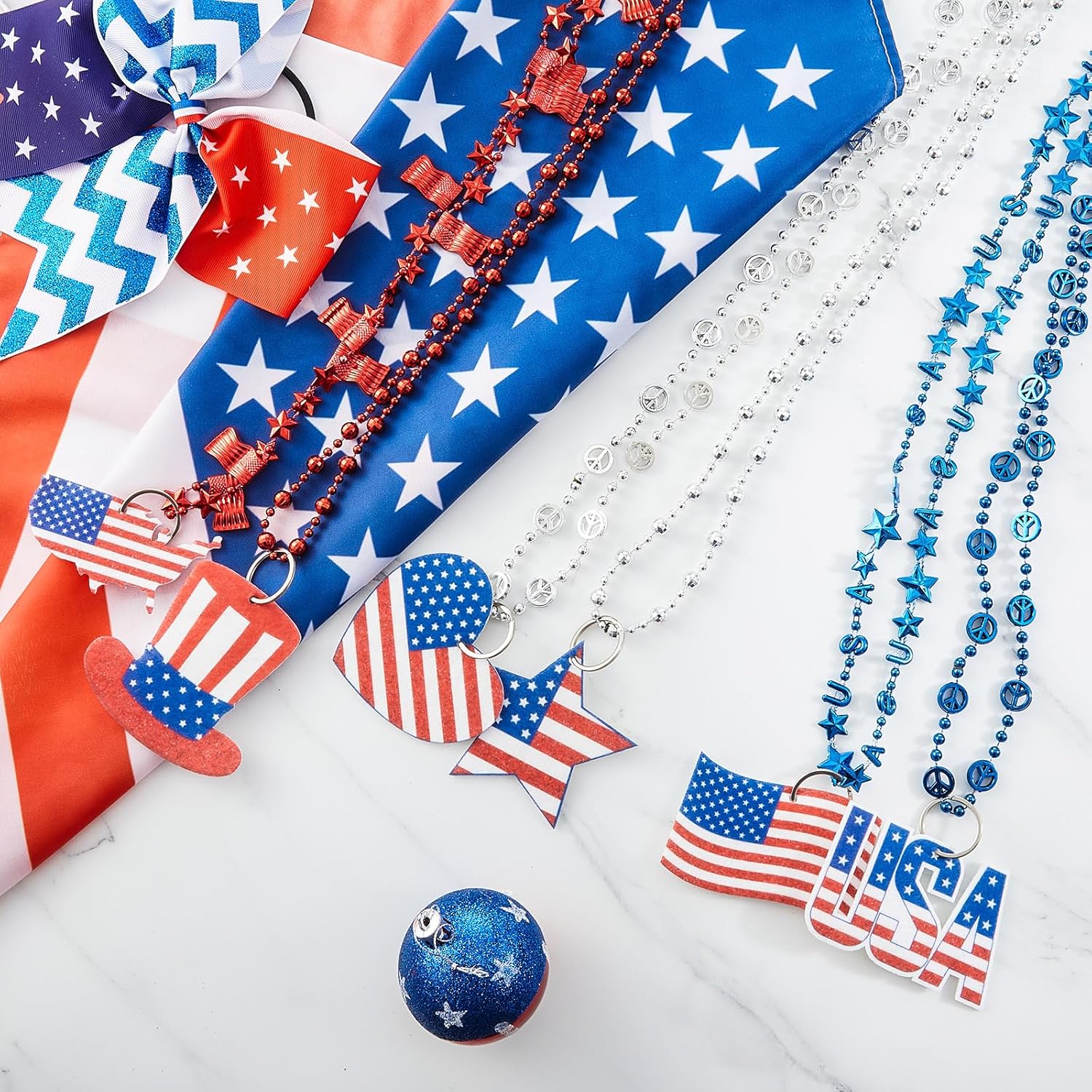 118 Pcs Patriotic Necklaces & Pendants Bulk Set – Red White Blue USA Bead Jewelry for Veterans Day, Memorial Day, July 4th, America Celebration for 250, Parade Party