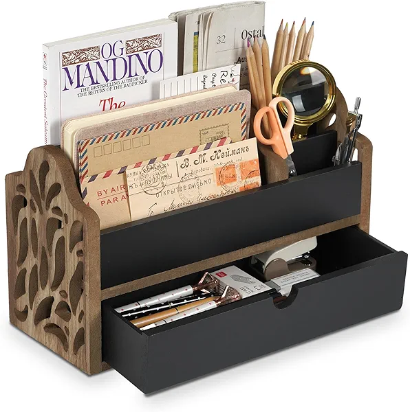 Desk Organizer with Drawer Wood File Office Mail Organizer Countertop-5 Slot Tabletop Storage Pen Organizer Letter Holder for School Home Office Supplies