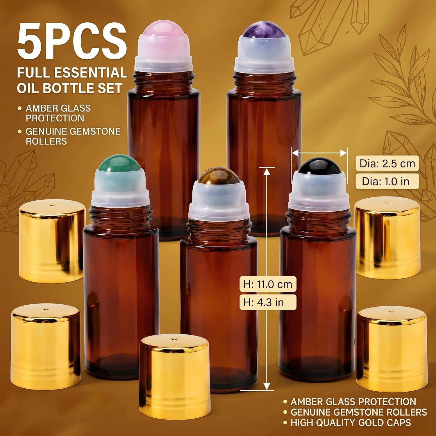 Glass Roller Bottles for Oils, 5Pcs 50ml Amber Glass Roller Bottle with Natural Crystal Rolling Ball, Rose Quartz & Amethyst & Green Aventurine & Tiger-eye & Obsidian.