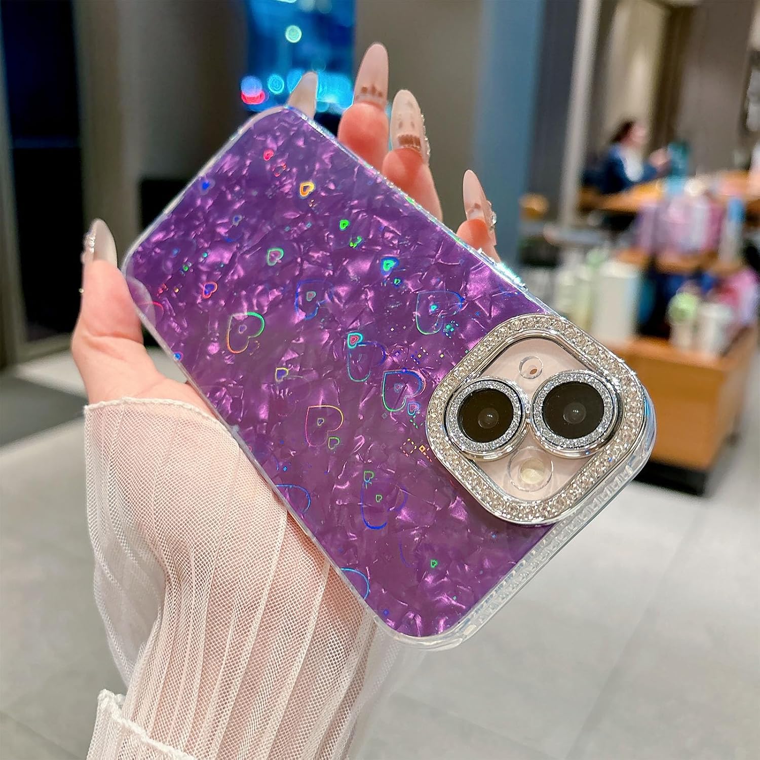 for iPhone 13 Case Cute Holographic Heart Shell - Purple image 4