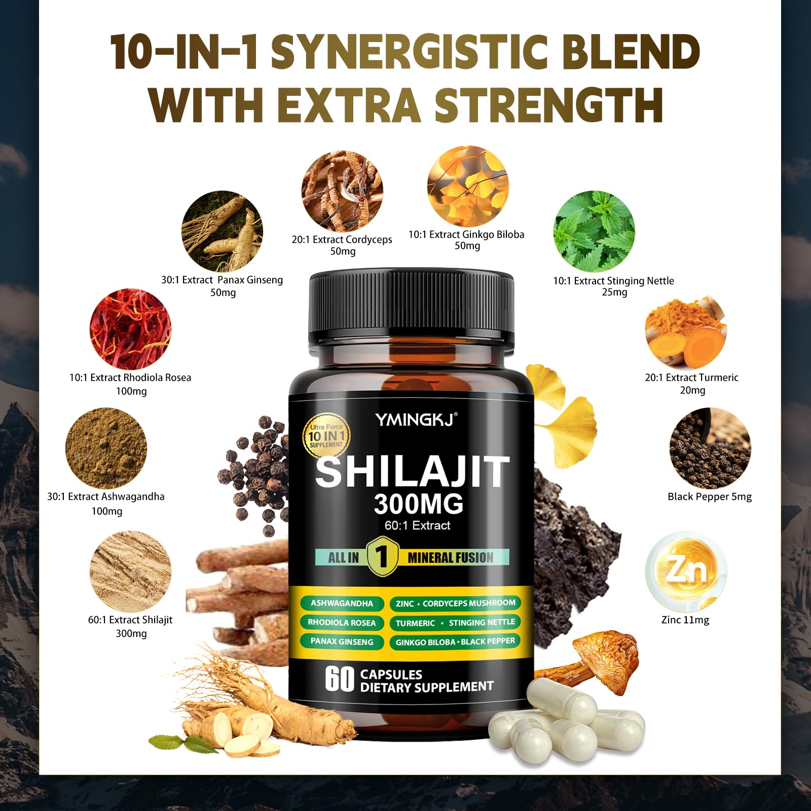 Shilajit Capsules 10 in 1 Supplement with Ashwagandha, Rhodiola Rosea, Panax Ginseng, Cordyceps, Turmeric, Ginkgo, Fulvic Acid Trace Minerals Supplement for Men & Women 60 Count Gluten-Free 2pack — Amazon image 2