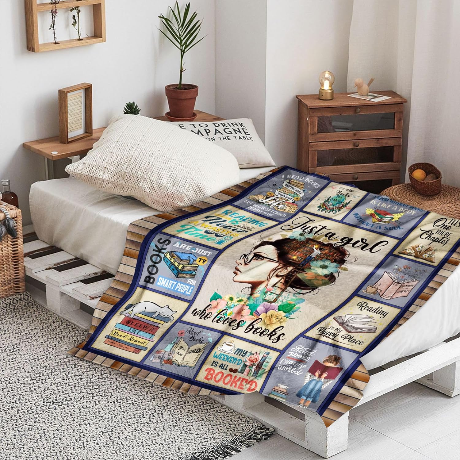 Just a Girl Who Loves Books Reading Blanket 60"X50", Book Lovers, Reader, Book Club, Librarian, Bookish Gifts for Christmas