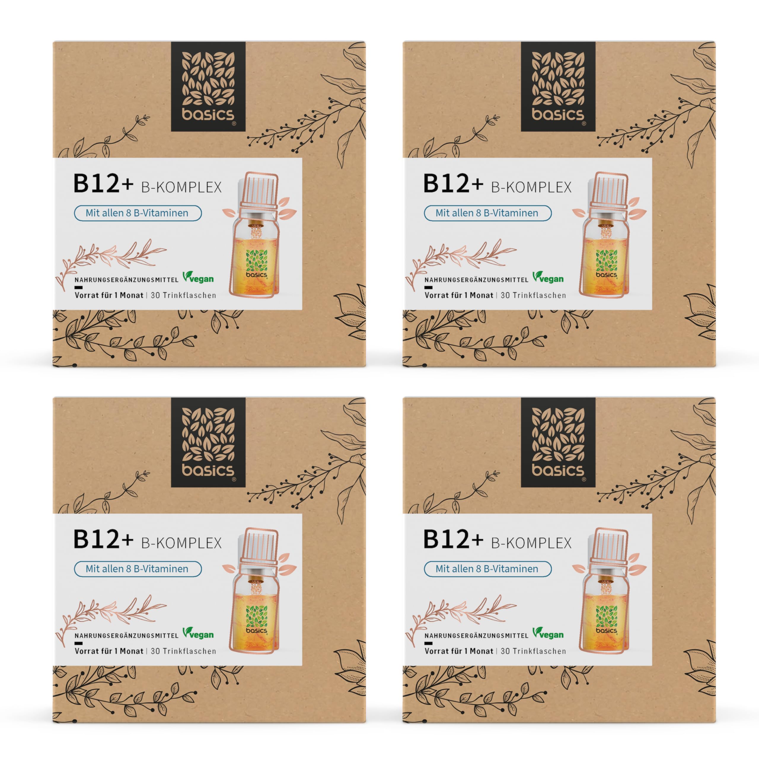 basics B12 + B-Komplex mit allen 8 B-Vitaminen - Hochdosiert mit 500mcg Vitamin B12 - für mehr Energie und Unterstützung des Nervensystems - 30 Trinkflaschen - 10ml pro Tagesdosis – Vegan - 4er Pack