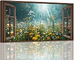 Large Canvas Wall Art for Living Room North Sea Beach in Gold Sunset Sunshine Wall Art Landscape Wall Decor Fake Windows Beach Theme Pictures for Living Room Bedroom Office Kitchen Stretched 60x120cm