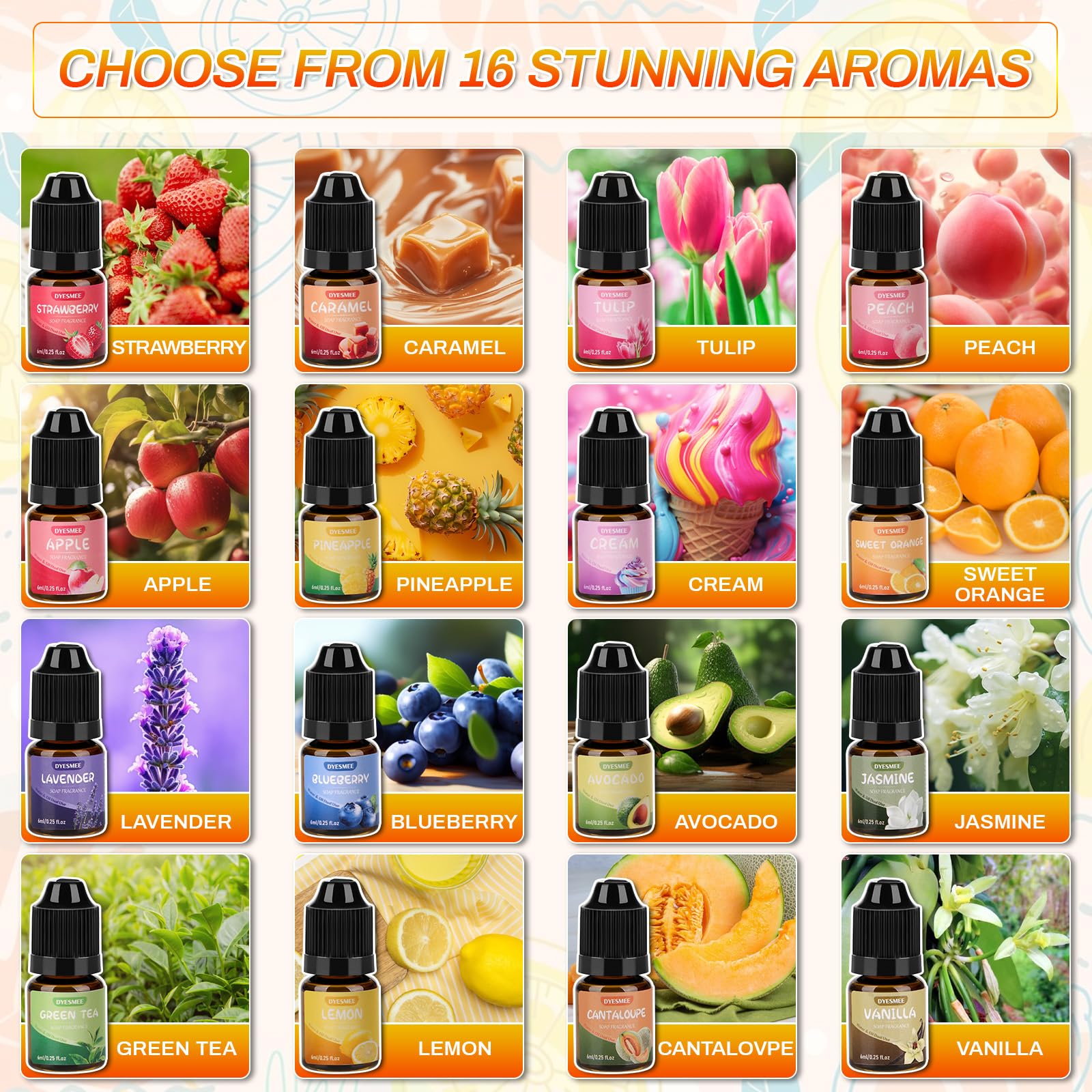 Aceite Aromático para Jabón, 16 x 6 ml de Aceite Aromático para Hacer Jabón, Juego de Aceites Aromáticos Líquidos para Bombas de Baño Caseras, Slime, Velas, Lociones, Cosméticos y Aromas para el Hogar