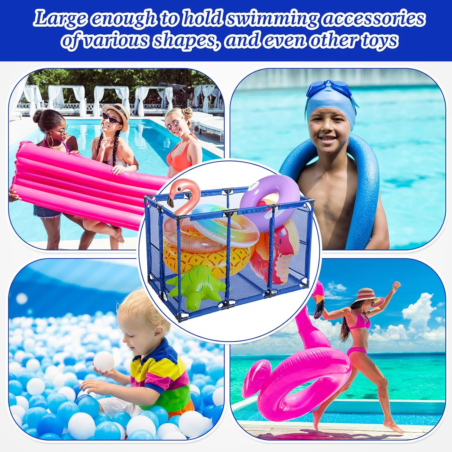 Pool Storage Bin Pool Float Storage Organizer XX-Large Nylon Mesh Basket Organizer Floats Equipment for Your Goggles, Floats, Ball (47.2 x 30.2 x 34 Inch)(1 Piece)